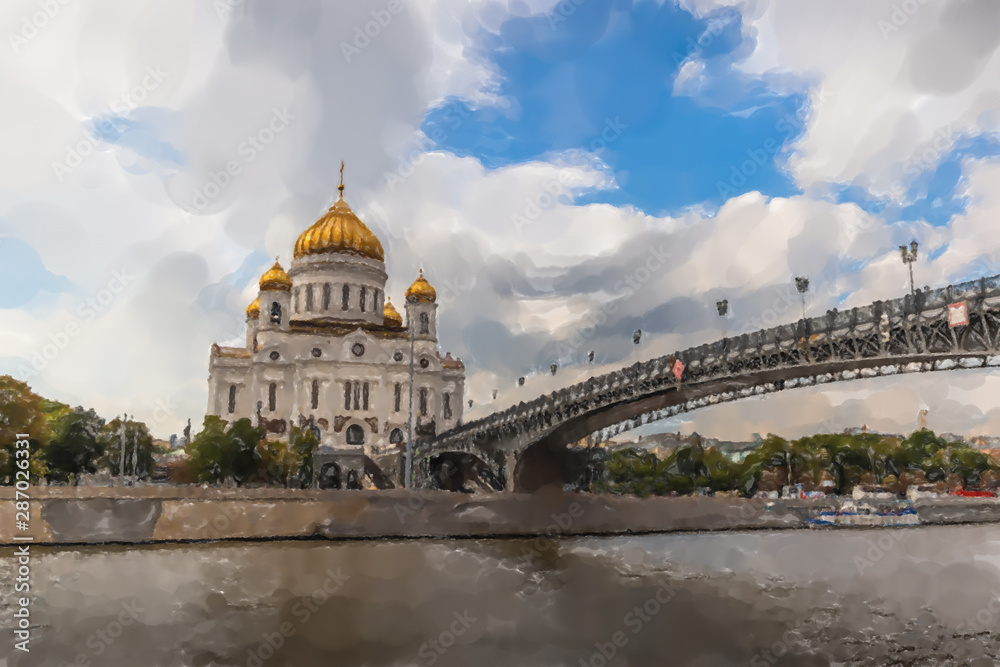 View of the Cathedral of Christ the Savior. Moscow, Russia - Watercolor style.