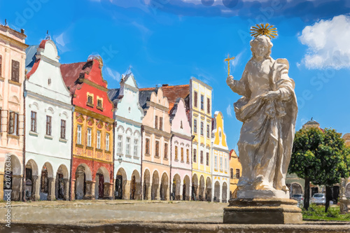 Main square of Telc. South Moravia, Czech Republic - Watercolor style.