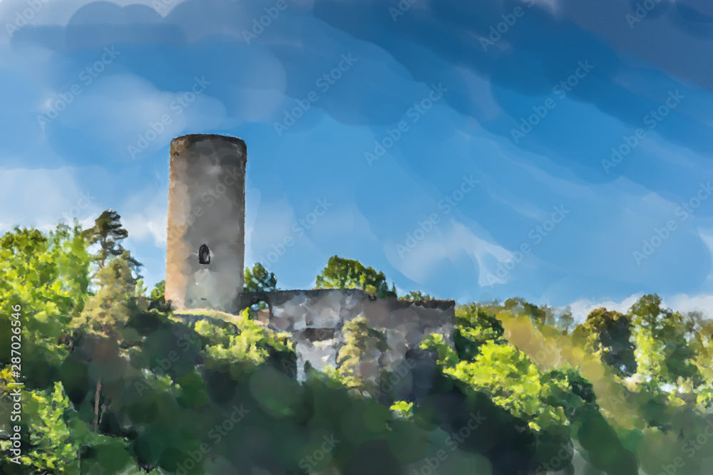 Ruins of castle Dobronice u Bechyne, Czech Republic - Watercolor style.