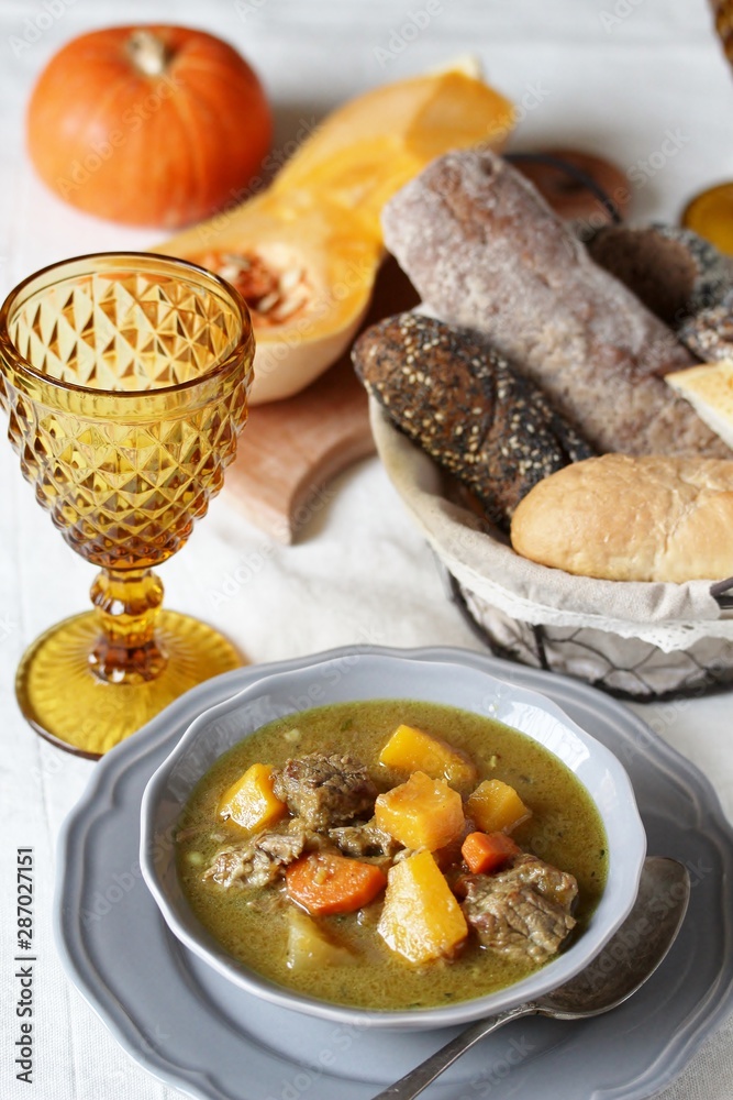 thick soup with pumpkin and beef. hearty autumn dish thick soup with pumpkin and beef. hearty autumn dish