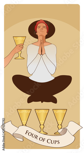 Four of Cups. Tarot cards. Young man in an attitude of meditation and prayer, levitating over three golden cups and ignoring the cup offered by an anonymous hand.