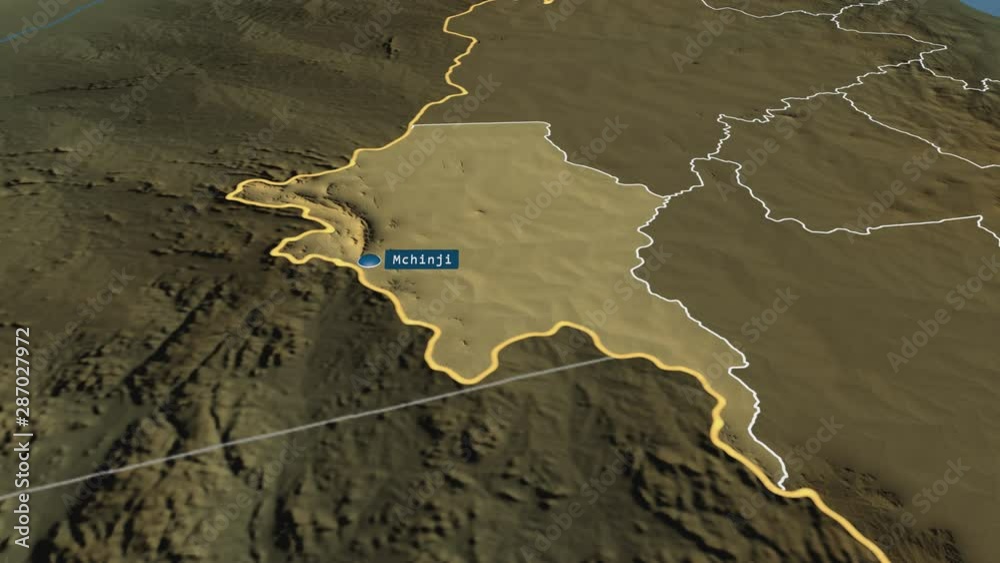 Mchinji - district of Malawi with its capital zoomed on the physical map of the globe. Animation 3D Mchinji - district of Malawi with its capital zoomed on the physical map of the globe. Animation 3D