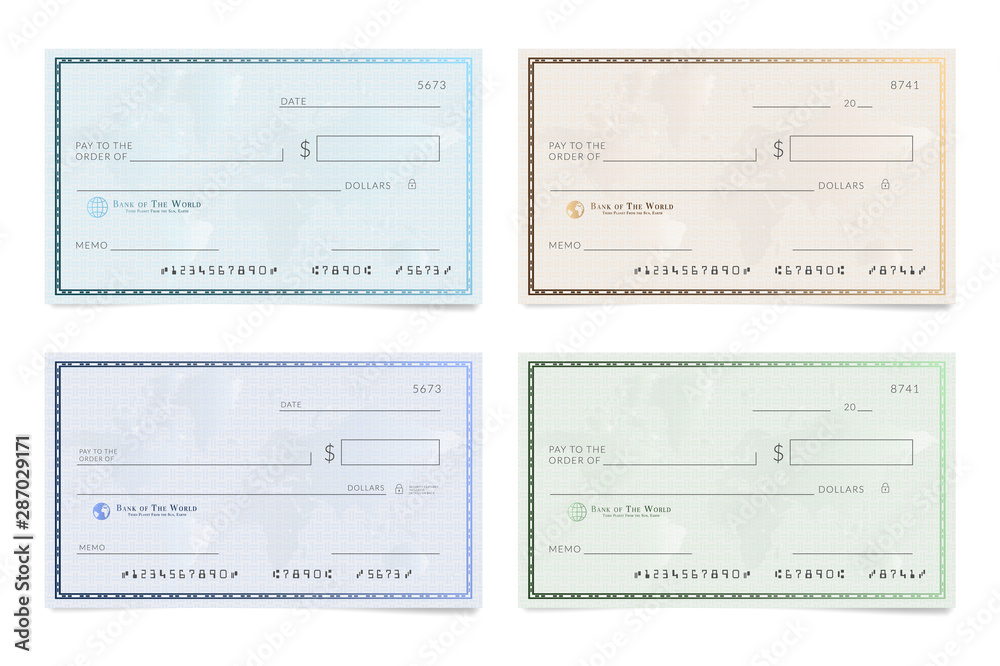 Blank template of the bank cheque. Checkbook check page with an empty fields to fill. Blank template of the bank cheque. Checkbook check page with an empty fields to fill.