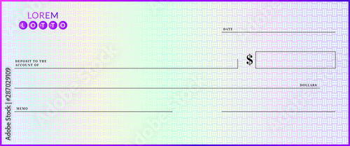 Blank lottery check template. Fake cheque page mockup.