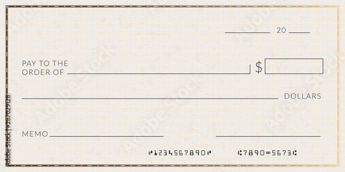 Blank bank check template. Fake cheque page mockup.