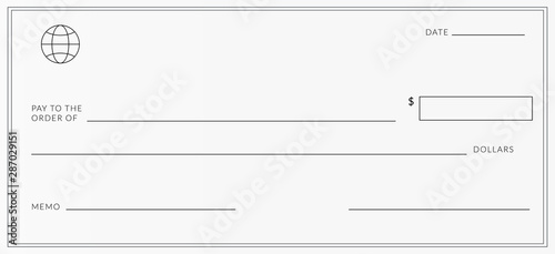 Blank template of the bank cheque. Checkbook check page with an empty fields to fill. photo