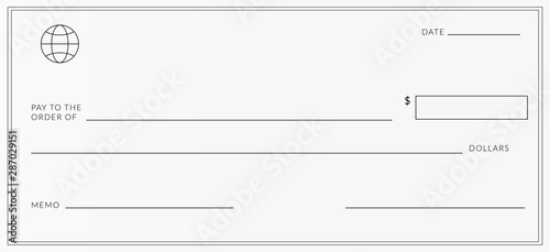 Blank template of the bank cheque. Checkbook check page with an empty fields to fill.