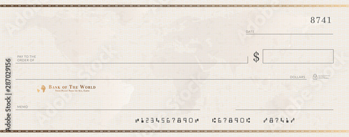 Blank bank golden cheque template. Check from checkbook
