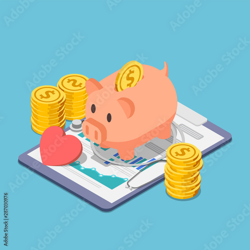 Isometric piggy bank and stethoscope with piles of coins