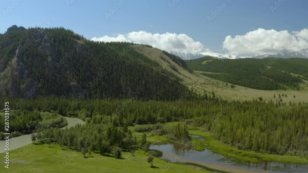 Beautiful spring landscape with mountains, forest . Aerial View.