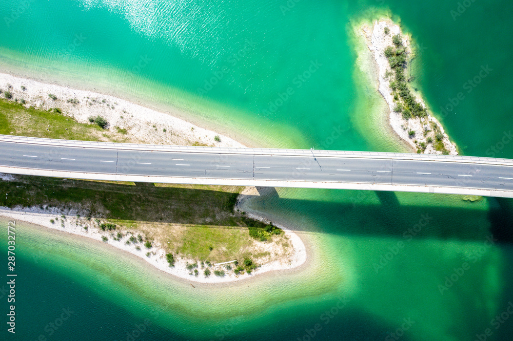 Sylvenstein Lake Bavaria Germany. Bridge for cars over water. Aerial View