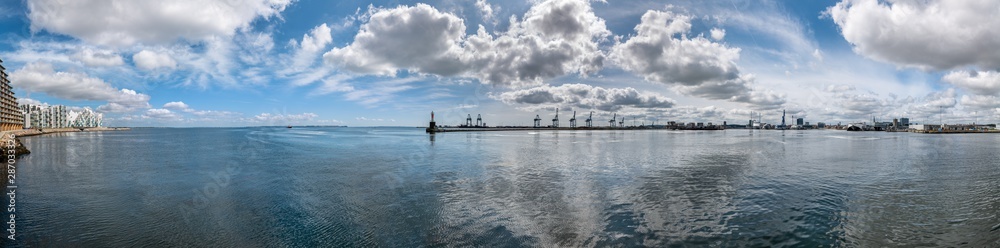 Aarhus, Denmark. Waterfront and Harbor with cranes. Panoramic view. The port of Aarhus is Denmark’s largest container port.