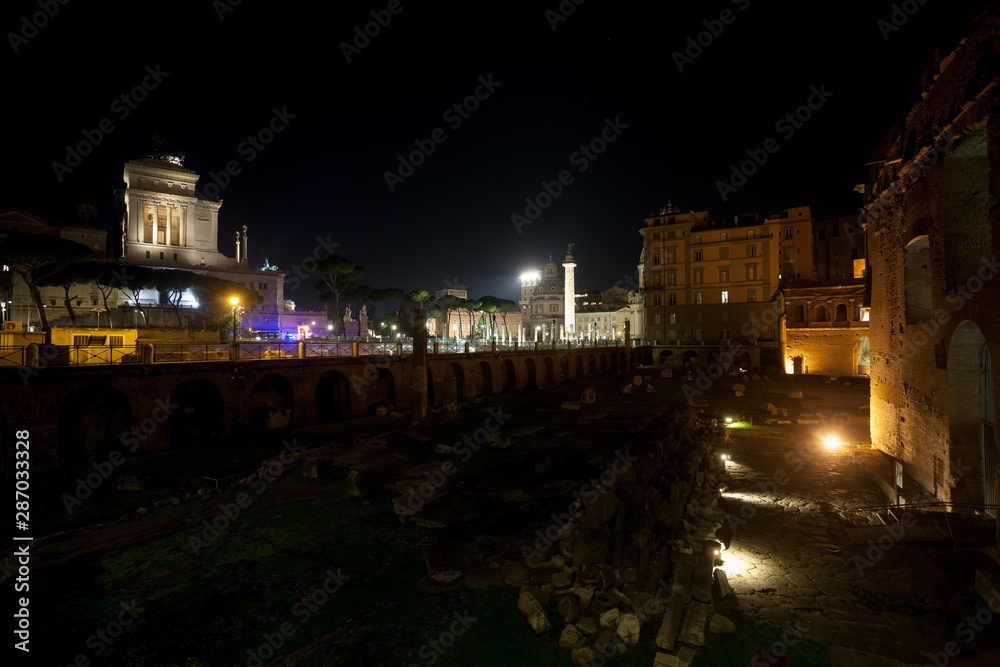 Imperial forums night view, Rome, Italy. Roma landscape