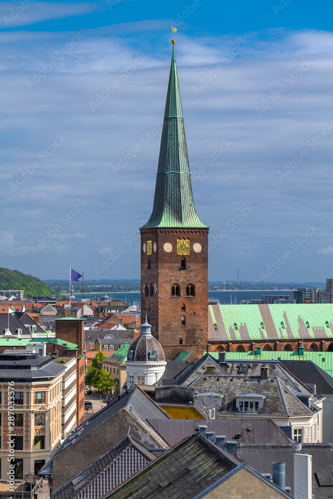 Aarhus, Denmark. Aerial view of the city with the Aarhus Cathedral (Danish: Domkirke).