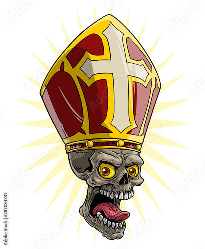 Cartoon detailed realistic colorful scary human skull in catholic bishop mitre with cross. Isolated on white background. Vector icon.