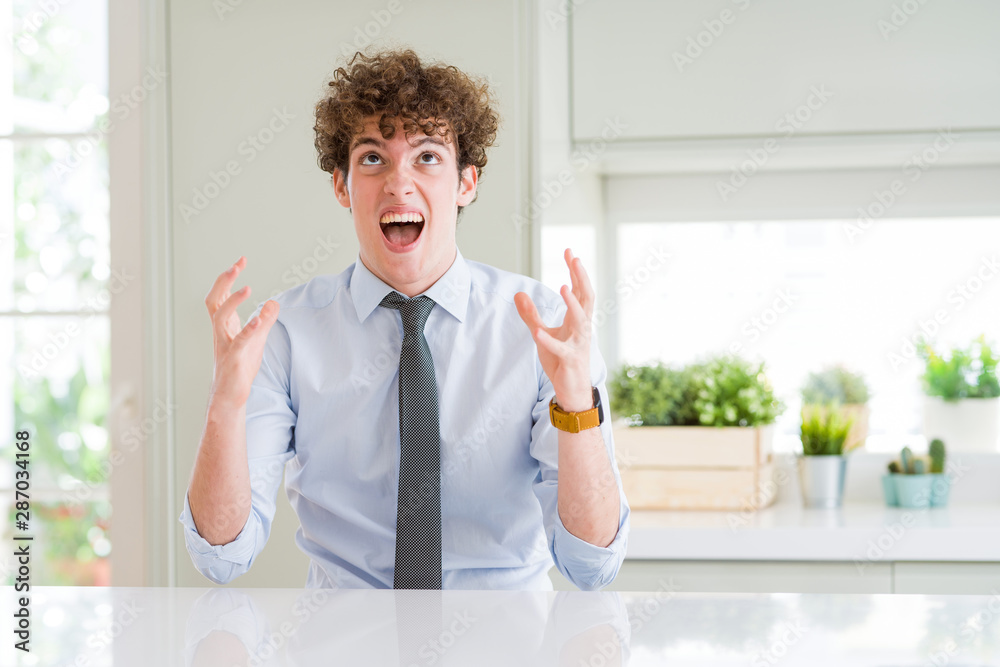 Young business man wearing a tie crazy and mad shouting and yelling with aggressive expression and arms raised. Frustration concept. Young business man wearing a tie crazy and mad shouting and yelling with aggressive expression and arms raised. Frustration concept.