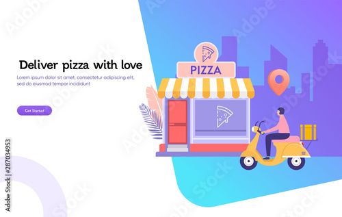 happy man deliver pizza with motorcycle, online food order, fast delivery vector illustration concept, deliveryman ride scooter bike landing page, template, ui, web, mobile app, poster, banner, flyer