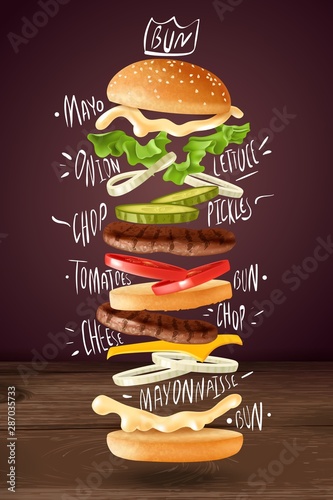 Realistic burger flying elements illustration