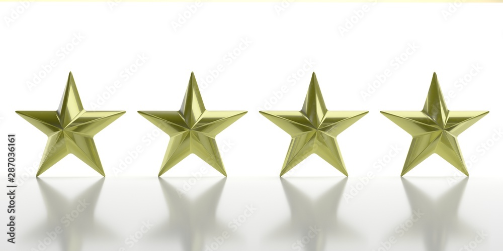 Four golden stars isolated against white, rating concept. 3d illustration