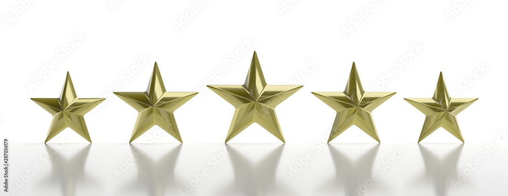 Five golden stars isolated against white, rating concept. 3d illustration Five golden stars isolated against white, rating concept. 3d illustration