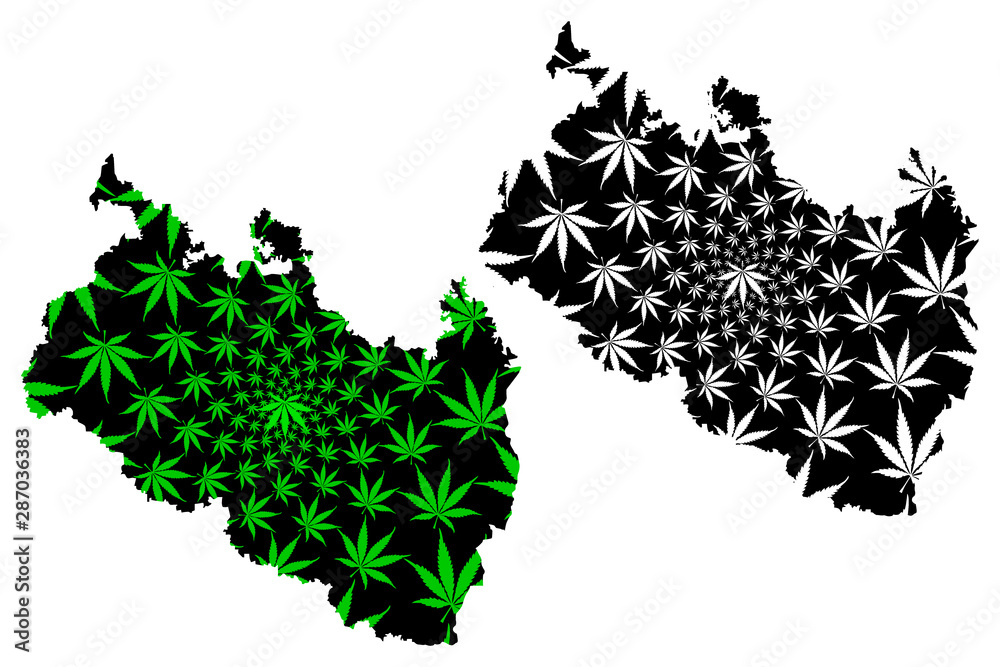 Naklejka premium Rangpur Division (Administrative Divisions of Bangladesh) map is designed cannabis leaf green and black, Rangpur map made of marijuana (marihuana,THC) foliage,....