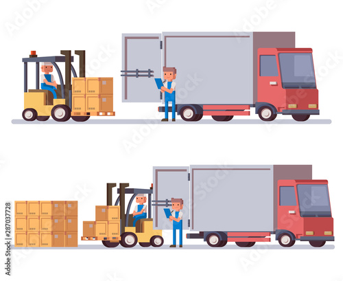 Flat vector delivery truck and forklift loading and unloading pallets with boxes. Isolated illustration at white background