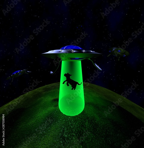 UFO abduction in night,3d render. photo