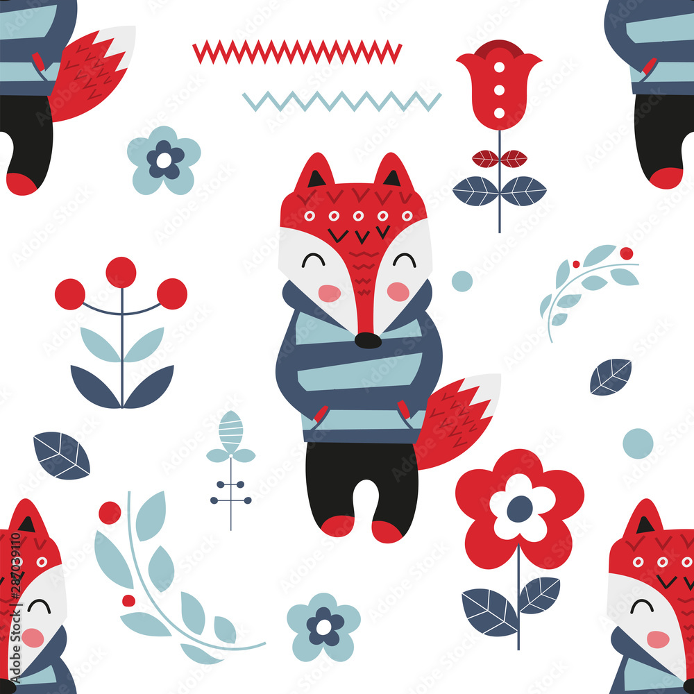 Seamless flower pattern with cute fox  in Scandinavian style. Vector Illustration. Kids illustration for nursery design. Great for baby clothes, greeting card, wrapper.