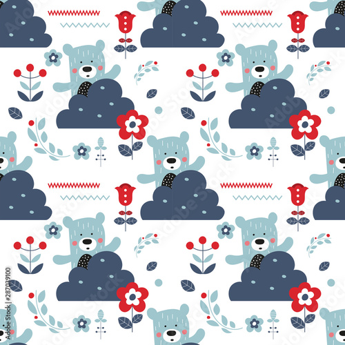 Seamless flower pattern with bears and forest elements in Scandinavian style. Vector Illustration. Kids illustration for nursery design. Great for baby clothes, greeting card, wrapper.