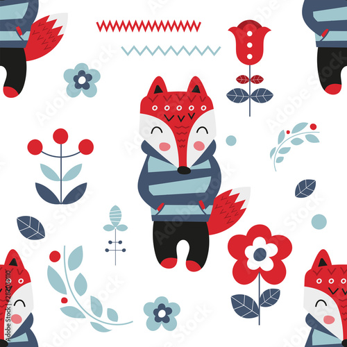 Fototapeta Naklejka Na Ścianę i Meble -  Seamless flower pattern with cute fox  in Scandinavian style. Vector Illustration. Kids illustration for nursery design. Great for baby clothes, greeting card, wrapper.