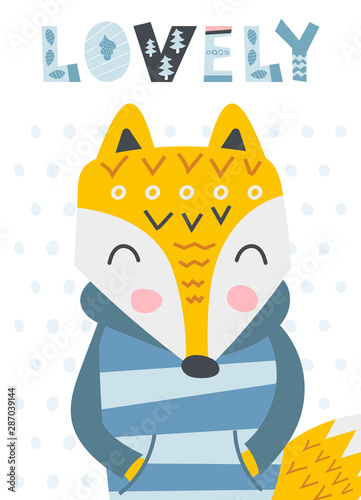 Cute hand drawn nursery poster with little fox and letters Lovely. Design for kids room. Scandinavian style design greeting card. Vector illustration.