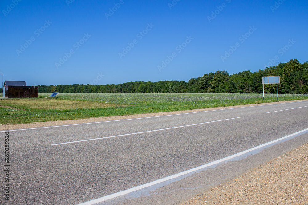 Fototapeta premium Road in a rural area with trees and blue sky