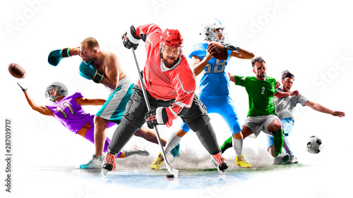 Fototapeta Naklejka Na Ścianę i Meble -  Multi sport collage football boxing soccer ice hockey on white background