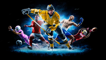 Multi sport collage football boxing soccer ice hockey on black background