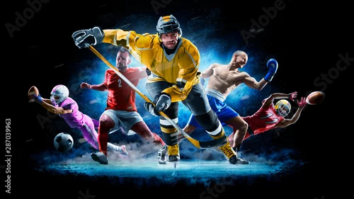 Obraz Multi sport kolaż boks piłka nożna hokej na lodzie na czarnym tle
