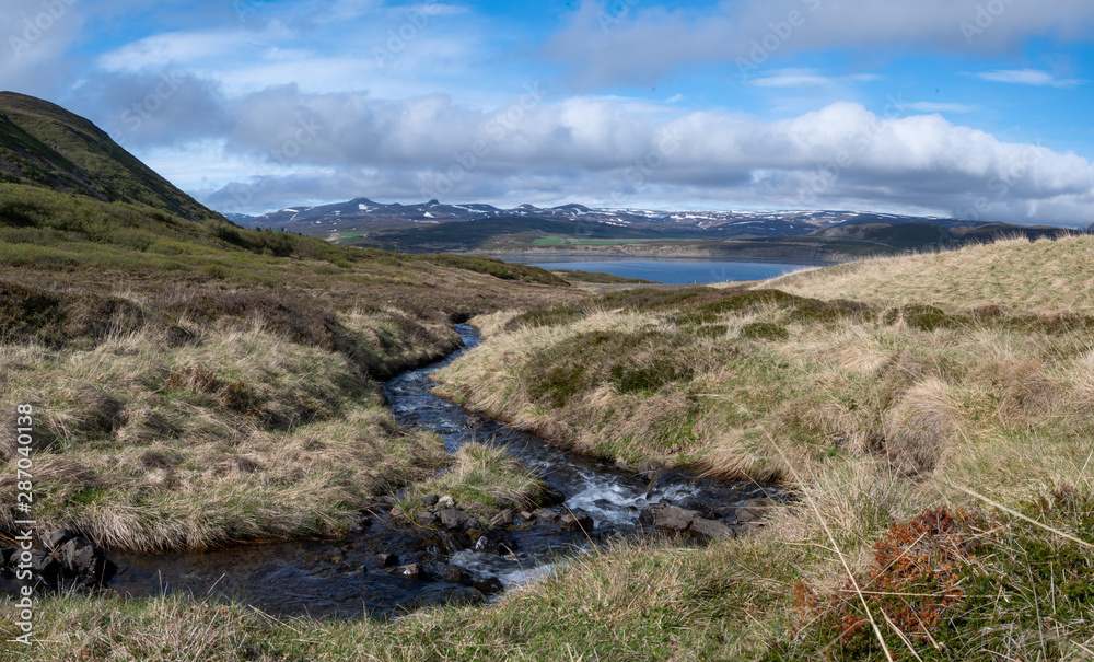 Glacial Stream on a Sunny Day in Iceland with Rolling Hills and Blue Sky and Clouds