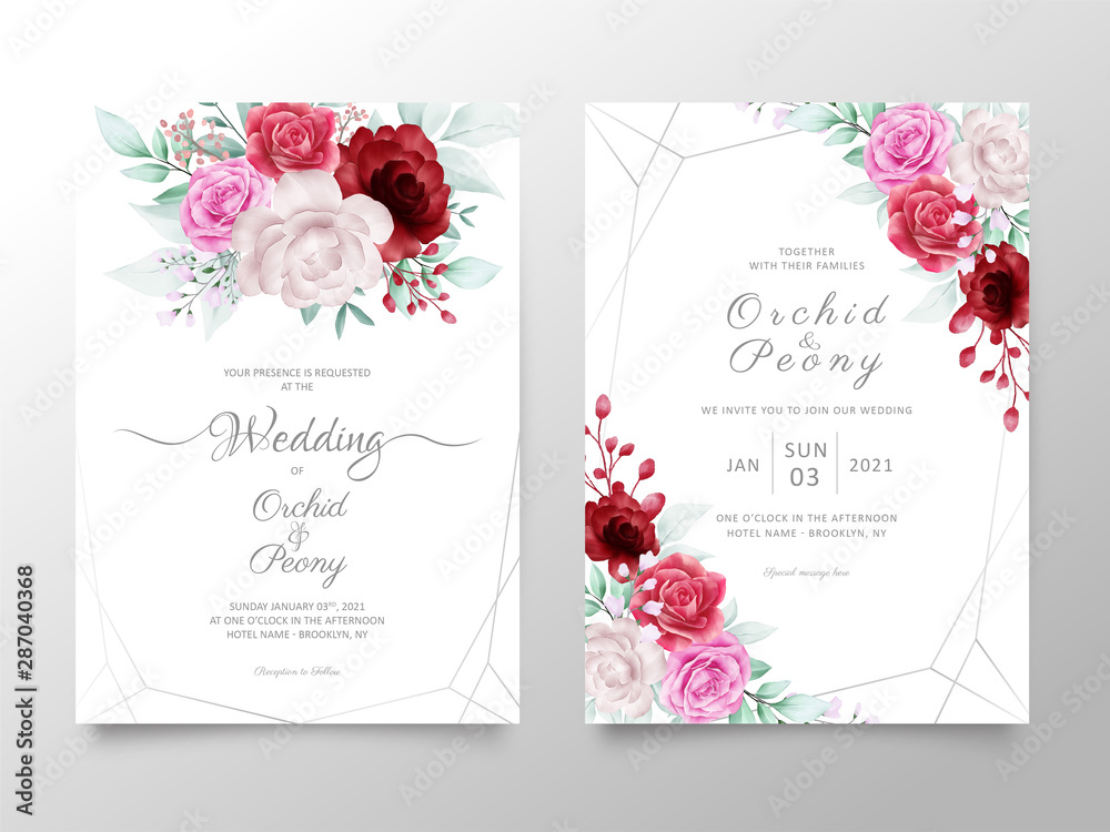 Wedding invitation card template set with watercolor roses and peonies flowers. Botanic decorative save the date, greeting, thank you, rsvp cards.