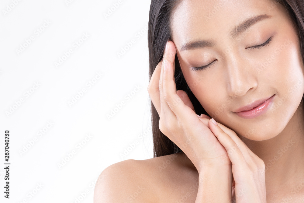 Beautiful Young Asian Woman Holding Hands Close her eyes smile feeling so happy and cheerful with healthy Clean and Fresh skin,isolated on white background,Beauty Cosmetology Concept Beautiful Young Asian Woman Holding Hands Close her eyes smile feeling so happy and cheerful with healthy Clean and Fresh skin,isolated on white background,Beauty Cosmetology Concept