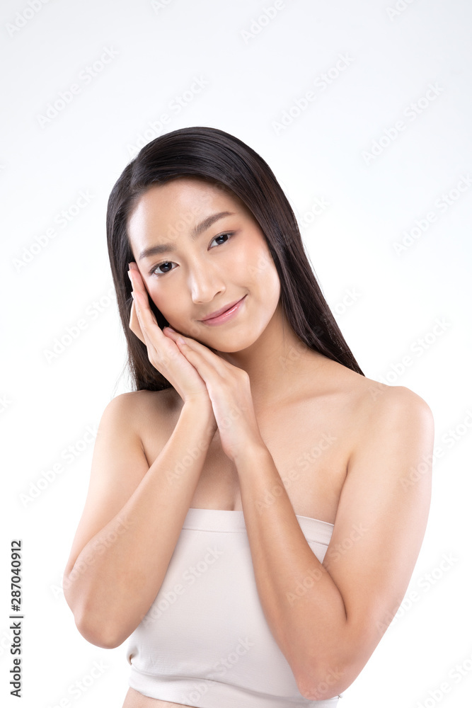 Beautiful Asian woman touching soft cheek smile with clean and fresh skin Happiness and cheerful with positive emotional,isolated on white background,Beauty and Cosmetics Concept Beautiful Asian woman touching soft cheek smile with clean and fresh skin Happiness and cheerful with positive emotional,isolated on white background,Beauty and Cosmetics Concept