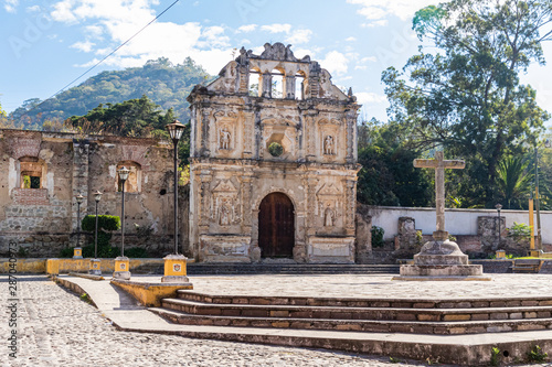 ANTIGUA, SACATEPEQUEZ/GUATEMALA - December 23, 2018: The ruins of Santa Isabel church in the UNESCO World Heritage site of Antigua, Guatemala, on a Sunday before Christmas Day 2018.
