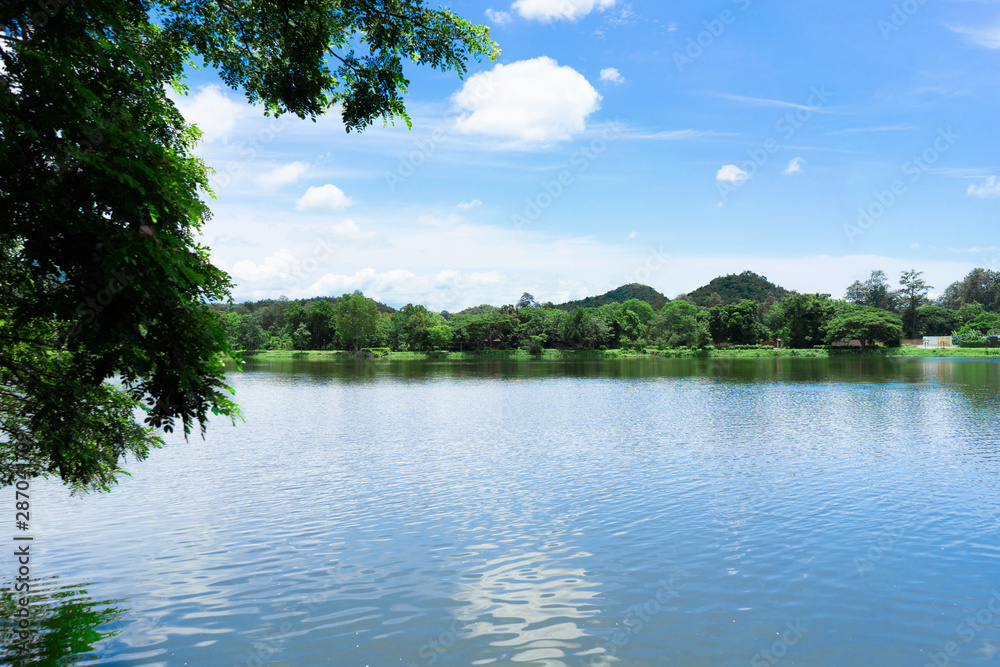 Mountain with blue sky and lake. Travel of nature concept Mountain with blue sky and lake. Travel of nature concept