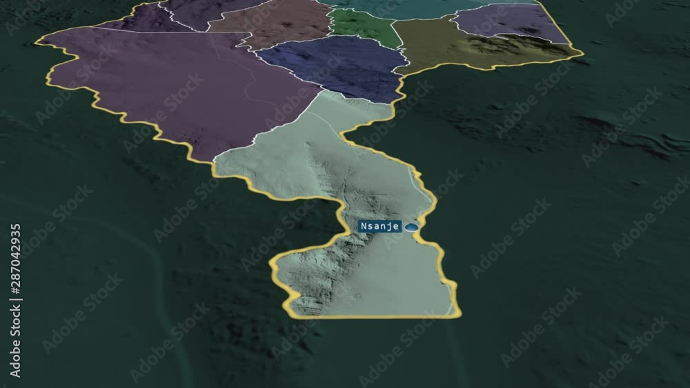 Nsanje - district of Malawi with its capital zoomed on the administrative map of the globe. Animation 3D Nsanje - district of Malawi with its capital zoomed on the administrative map of the globe. Animation 3D