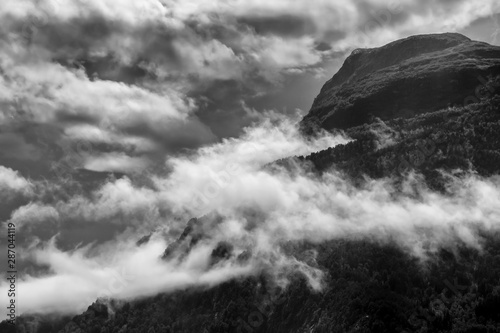Black and white image of mountain molden in luster, norway