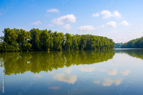 Tree reflecting on the calm water of the Isar river, Germany, blue sky with white clouds in the background