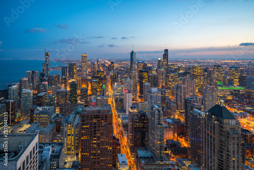 Beautiful scenic view of business district of Chicago loop with skyline in evening sunlight. Panoramic view aerial top view or drone architecture view of city. Famous attraction in Chicago  USA.