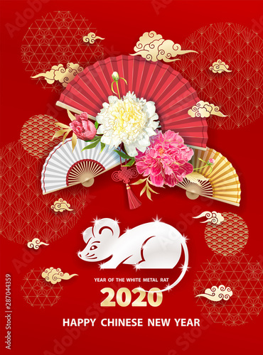 White metal Rat is a symbol of 2020 Chinese New year. Greeting card in Oriental style. Holiday illustration with Peonies flowers, chinese clouds and fans around zodiac sign rat on red background