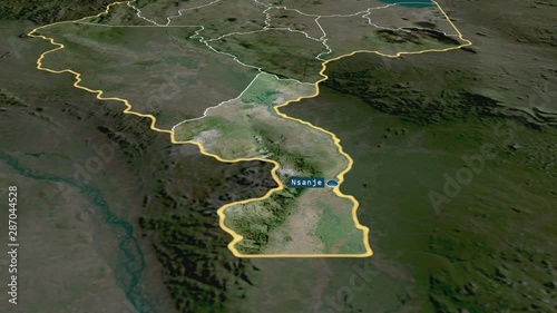 Nsanje - district of Malawi with its capital zoomed on the satellite map of the globe. Animation 3D photo