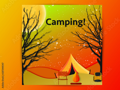 Night landscape illustration in paper cut style with tent, campfire, mountains and forest. Background for summer camp, nature tourism, camping or hiking design concept.