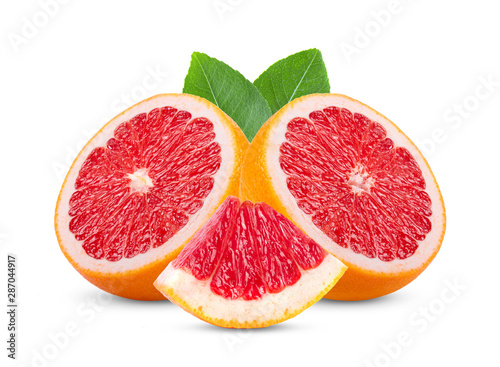 Ripe half of pink grapefruit citrus fruit with leaf isolated on white background.