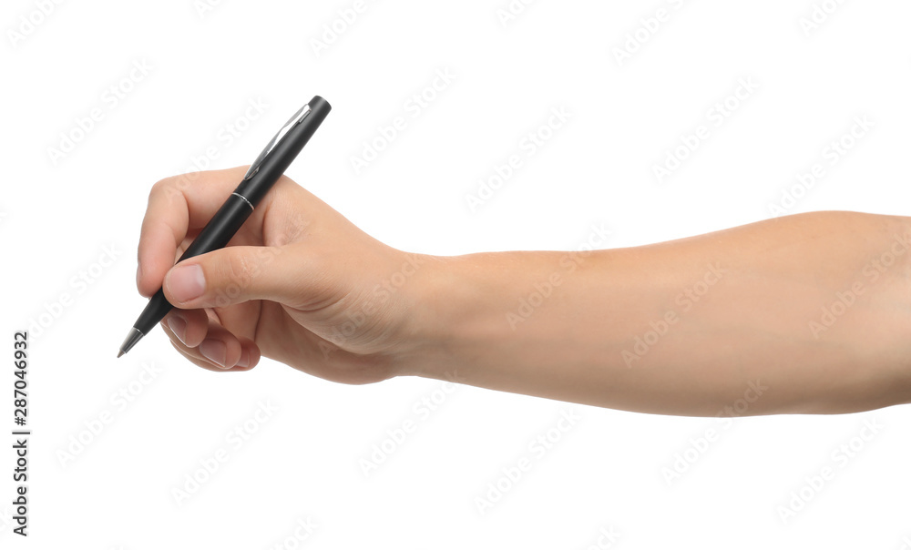 Young man holding pen on white background, closeup Young man holding pen on white background, closeup